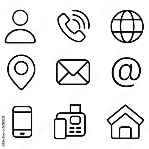 Business card set icon set in line style. Contact information, Home, Phone, Location, Address, Website, mail, fax, user simple black style symbol sign for apps and websites, vector illustration. eps 1