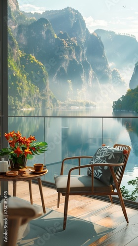 serene mountain view through window with morning tea on table