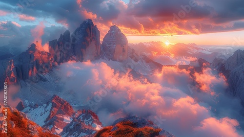 Sunset over mountains and clouds.