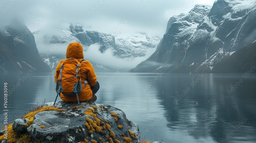 backpacker contemplates a frozen landscape on a quiet winter day