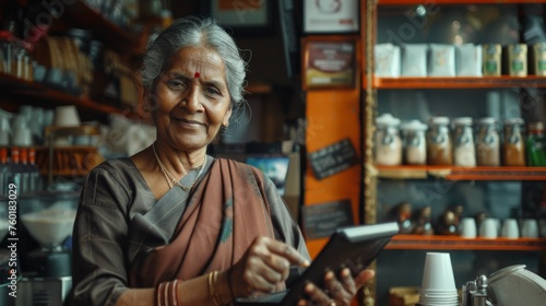 Portrait of a happy coffee shop worker with a tablet