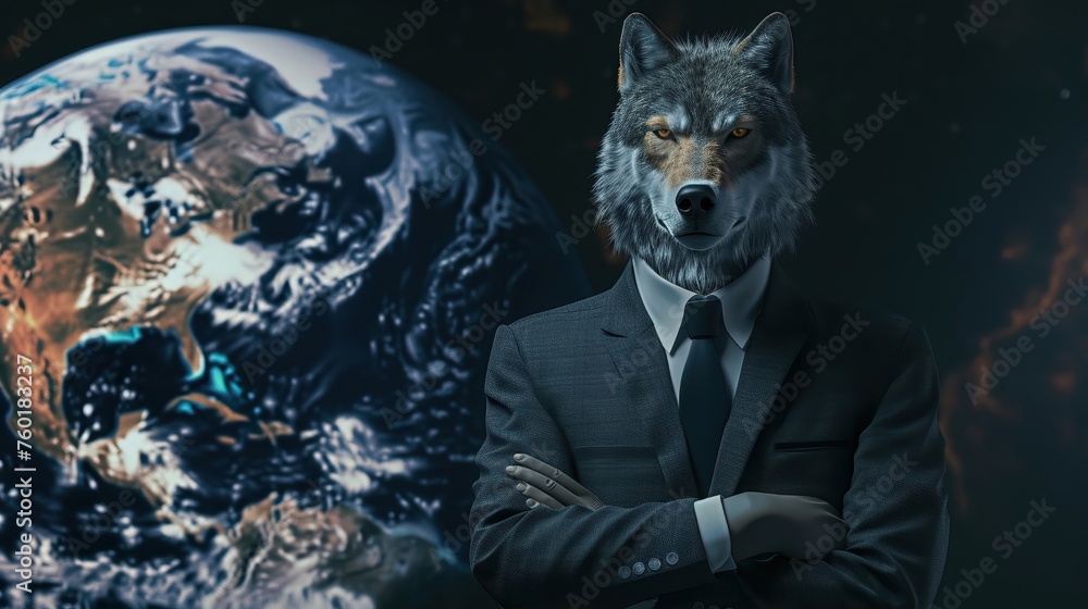 Wolf in business attire 3D hologram of Earth - obrazy, fototapety, plakaty 