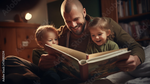 Homem lendo um livro de historias para os seus filhos photo