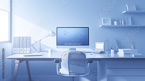 Minimalist office setup featuring a minimalist glass desk, a white ergonomic office chair, and a simple desktop organizer © Wardx
