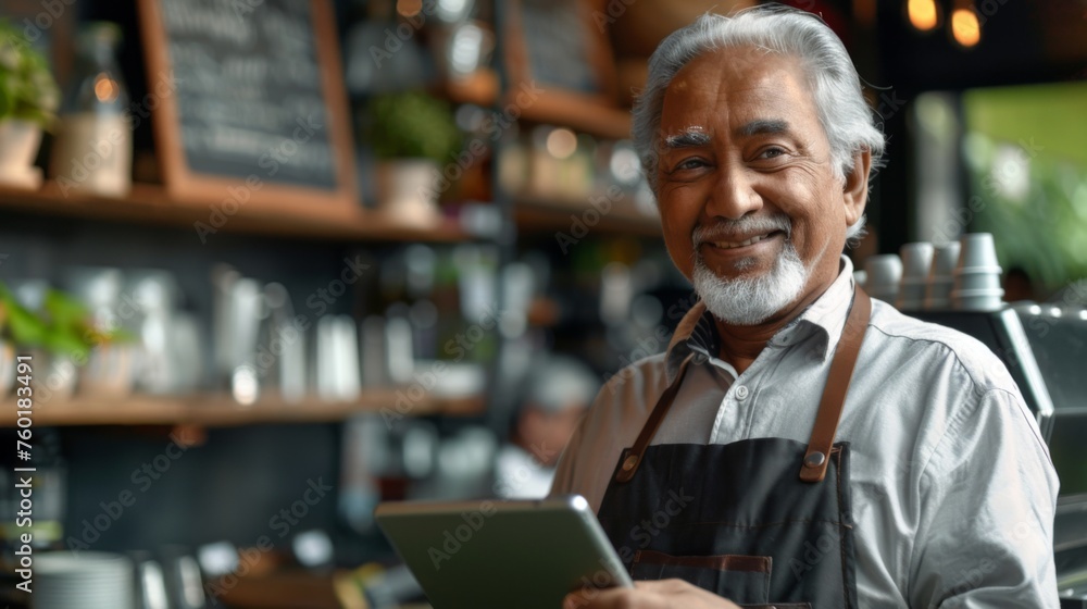 Portrait of a happy coffee shop worker with a tablet Portrait of a happy coffee shop worker with a tablet