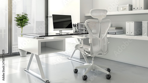 Minimalist office setup featuring a minimalist glass desk  a white ergonomic office chair  and a simple desktop organizer