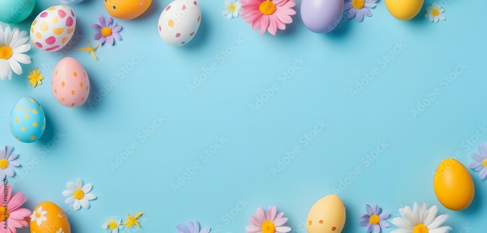 Easter eggs and flowers on a blue background with copy space, Easter Day