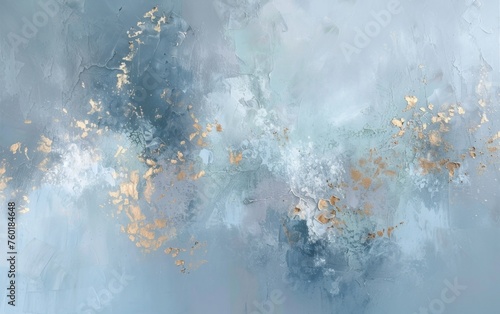 Simple abstract painting, light blue, grey, white and gold colors
