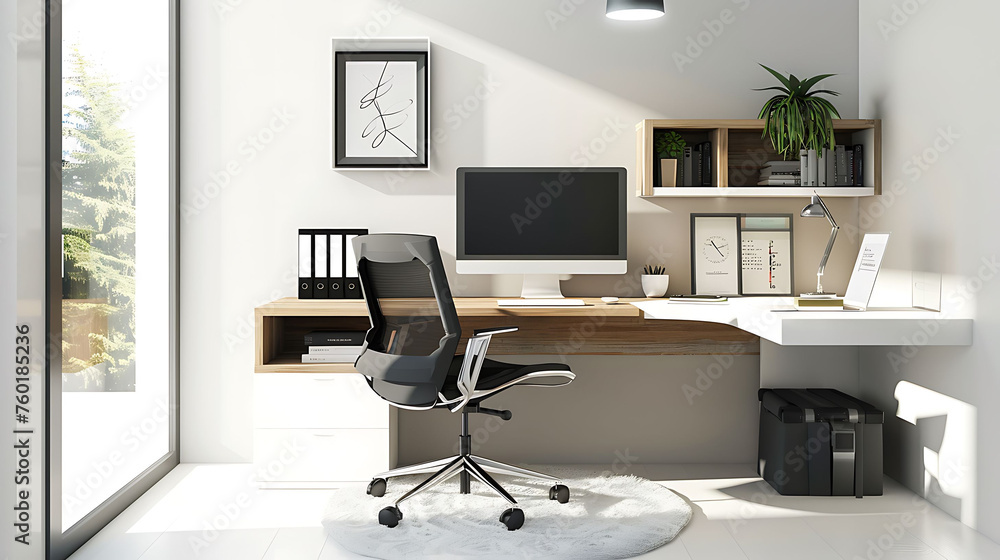 Minimalist office setup incorporating a compact corner desk, a minimalist office chair, and a wall-mounted storage cubby