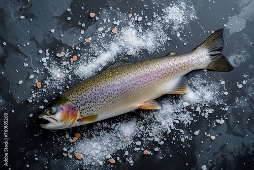 High angle view of rainbow trout and kosher salt on table