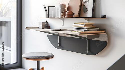 Minimalist office setup incorporating a foldable wall desk, a stackable stool, and a wall-mounted shelf for storing books and decorative items © Wardx