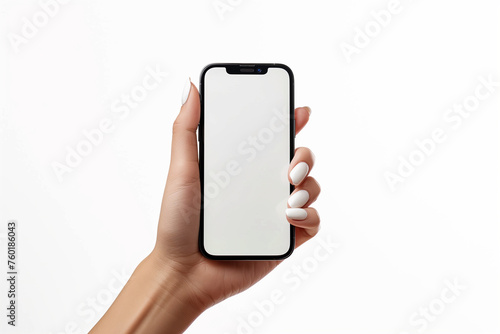 hand holding modern smartphone, mockup with white screen on white background