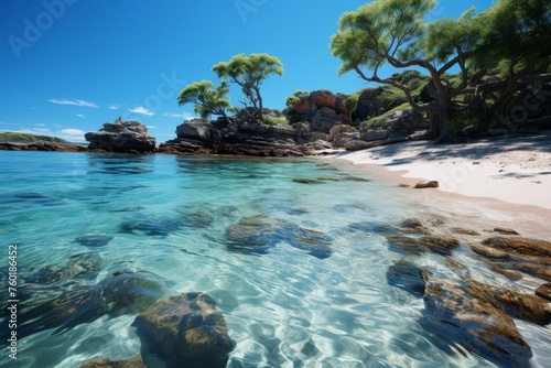Rocky beach with trees on shore, beautiful natural landscape by the water