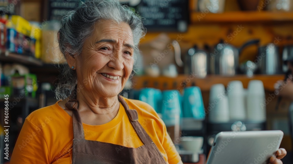 Naklejka premium Portrait of a happy coffee shop worker with a tablet