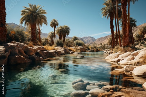 Water flows through desert oasis with palm trees and rocks under the sky