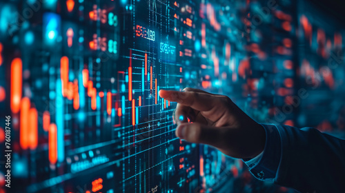 Businessman hand showing growing virtual hologram stock Stock market business growth planning and strategy Progress or success in investment