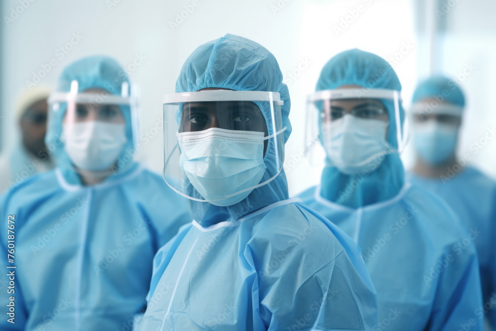 Diverse Healthcare Team in Modern Hospital Setting, Wearing PPE and Collaborating Diverse Healthcare Team in Modern Hospital Setting, Wearing PPE and Collaborating