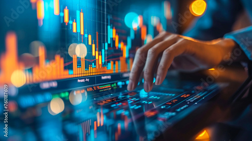 Businessman hand showing growing virtual hologram stock Stock market business growth planning and strategy Progress or success in investment
