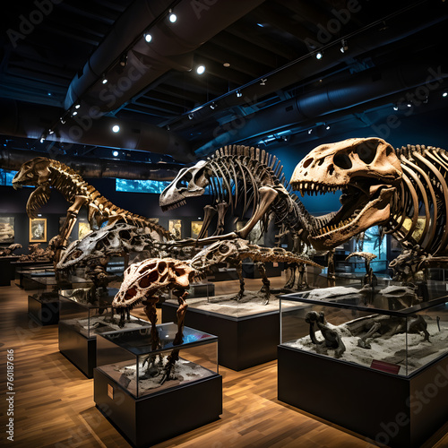 Eloquently Displayed Collection of Diverse Dinosaur Fossils in a Museum Exhibit © Logan