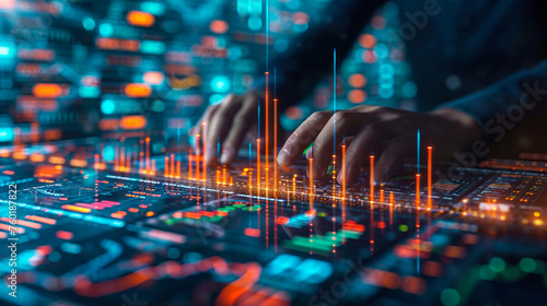 Businessman hand showing growing virtual hologram stock Stock market business growth planning and strategy Progress or success in investment