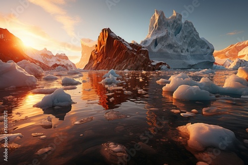 A breathtaking sunset over icy waters with towering mountains in the background © Yuchen Dong