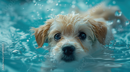 A cute dog, puppy is swimming in a pool of water. The dog is brown and white. The water is clear and calm