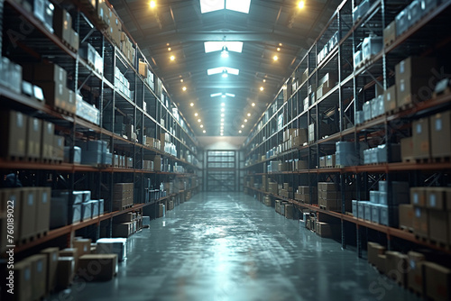 A warehouse with shelves stacked high with boxes  representing the logistics involved in a career in supply chain management.
