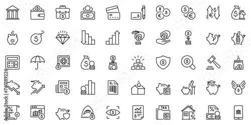 Line icons about finances as banking, money, investment, loan, payment method and stock exchange. Editable stroke and pixel perfect.