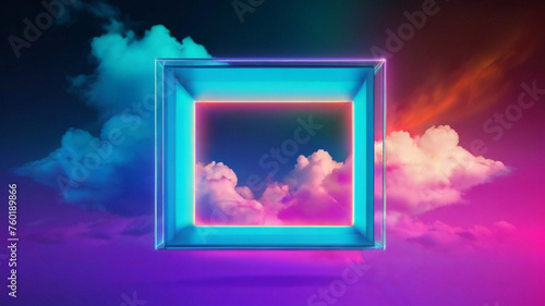 Abstract neon background with glowing square shape and spinning cloud  Blank geometric frame in the sky 