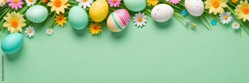 Easter eggs and flowers on a green background with copy space, Easter Day