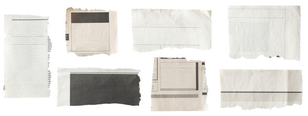 Set of torn pieces of newspaper isolated on transparent background.