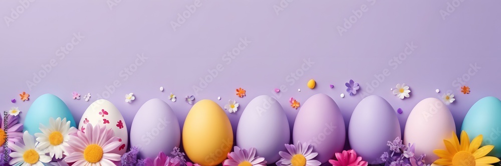 Easter eggs and flowers on a purple background with copy space, Easter Day