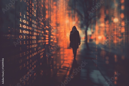 A data breach with unauthorized access, a dark silhouette of a hacker against a backdrop of abstract, digital cyberspace. The essence of cybercrime highlights the threat of hacking. photo