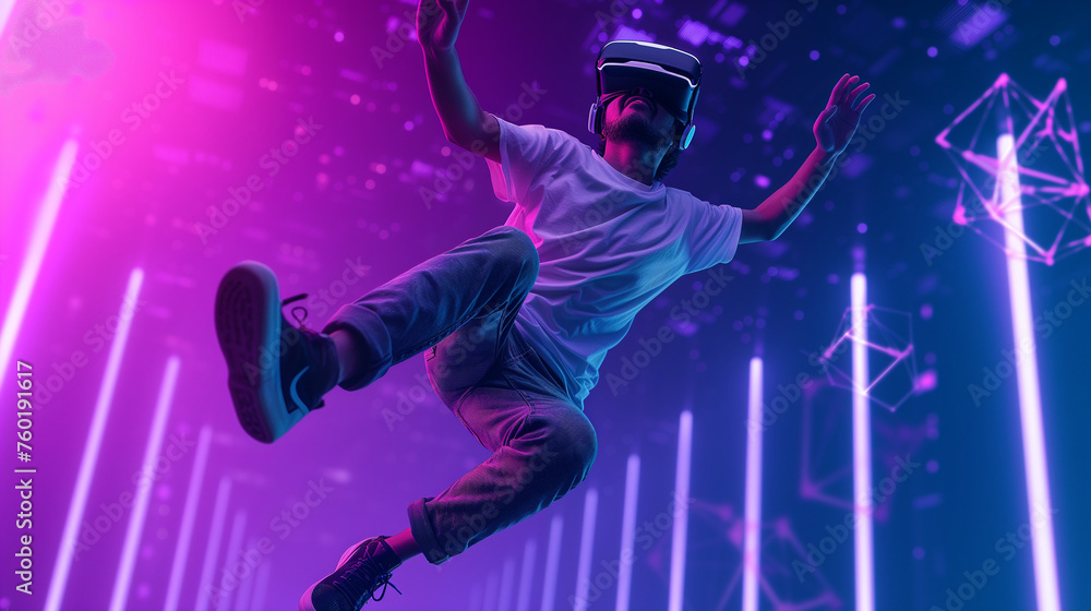 Metaverse technology concept. Young man with VR virtual reality goggles. Futuristic lifestyle. Metaverse technology concept. Young man with VR virtual reality goggles. Futuristic lifestyle.