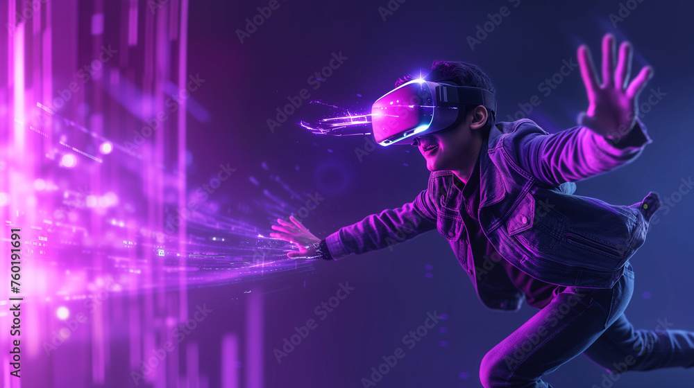 Metaverse technology concept. Young man with VR virtual reality goggles. Futuristic lifestyle. Metaverse technology concept. Young man with VR virtual reality goggles. Futuristic lifestyle.