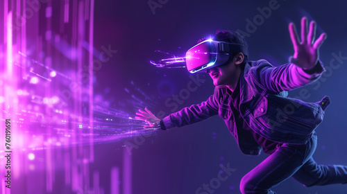 Metaverse technology concept. Young man with VR virtual reality goggles. Futuristic lifestyle.