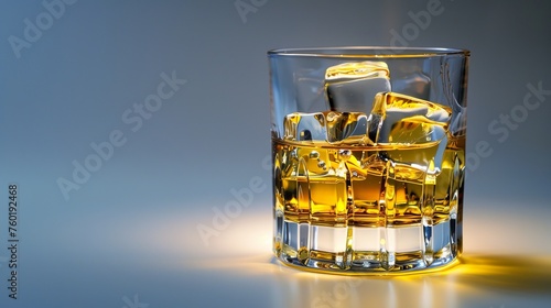 Whiskey glass with ice cubes on plain background, ideal for text placement and design projects