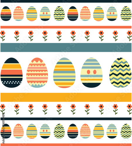 a repeating pattern of colorful Easter eggs and flowers on a white background. photo
