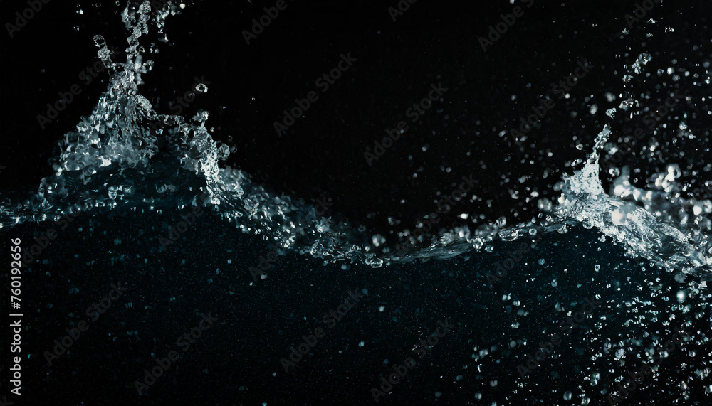 Bouncing water surface, wave, drop, splash, lively, bubble, underwater, side view, black background