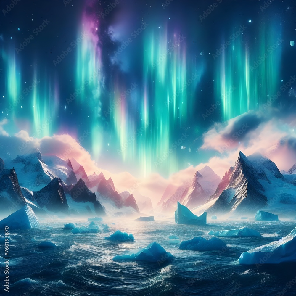 Icebergs northlights heaven illustration.
