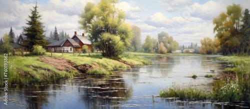 A picturesque natural landscape painting depicting a tranquil river flowing past a house, with lush green grass and trees under a cloudy sky