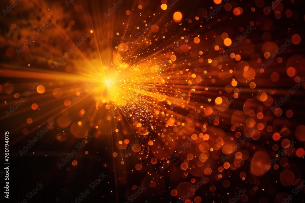 An orange lens flare, light burst, explosion of light with particles on a dark black background. - obrazy, fototapety, plakaty 