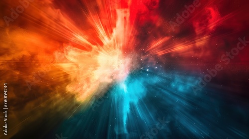 a colourful light burst from a black smoky background with red, turquoise and orange colours