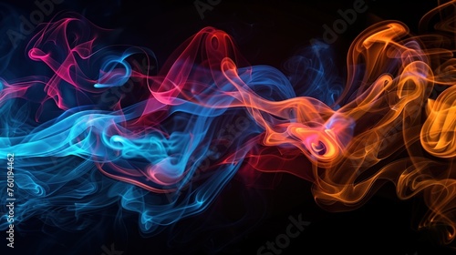 red  blue and orange colourful smoke on a black background  abstract.