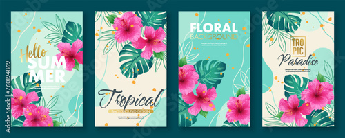 Summer tropical background template set with tropical flowers and leaves. Vector illustration