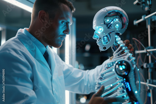 A scientist in a high tech, modern laboratory, researching robotics, AI, and neural networks, artificial intelligence. Medical research, cure for quadriplegic or paraplegic people, AI.  photo