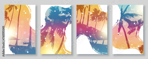 Summer sunrise beach background set with palm trees and brush stroke layouts. Vector illustration.