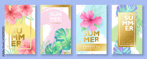 Summer tropical background template set with tropical flowers and leaves. Vector illustration