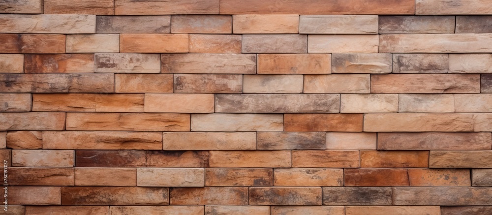 A closeup photo showcasing a brown brick wall, with a blurred background. The rectangular bricks give a textured look, made of composite material, resembling a stone wall A closeup photo showcasing a brown brick wall, with a blurred background. The rectangular bricks give a textured look, made of composite material, resembling a stone wall
