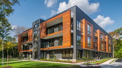 The exterior elevation of a modern multifamily building clad in Hardie plank siding © l1gend